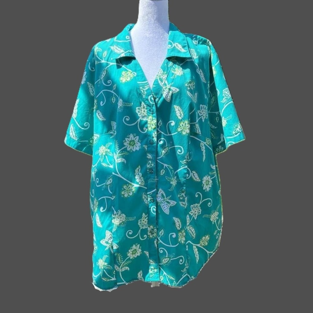 White Stag Teal Floral Paisley Button Down Shirt Cotton Blend Plus Size 18W/20W